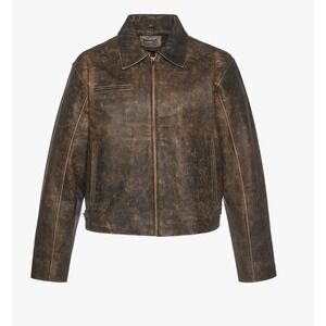 Rebalance Vintage Distressed Brown Leather Jacket Full Zip Cropped Boxy Mens M